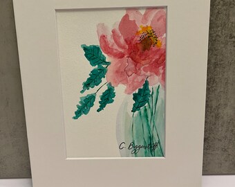 Watercolor Original Pink Peony, Floral Painting, 8X10 White Mat, Unique Gift, Wall Art