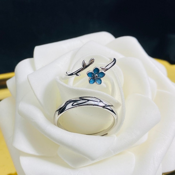 Valentine's Gifts,Couples Ring Blue Flower Matching Rings for Couples,Adjustable Promise Rings,Wedding Ring Relationship Gift, forget me not