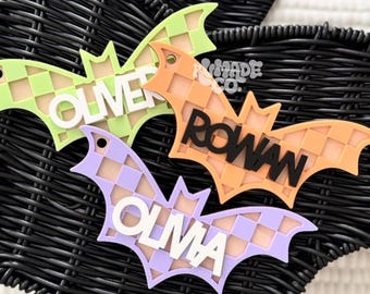 Checkered Bat Tag | Personalized Halloween Tag | Boo Basket | Spooky Basket