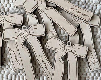 Personalized Coquette-Style Bow | Gift Tag | Holiday Ornament | Stocking Tag | Laser Engraved Wooden Tag