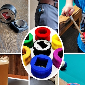 Könnte beinhalten: Ein Satz von bunten, 3D-gedruckten Flaschenöffnern mit verschiedenen Aussparungen. Die Flaschenöffner sind in einem Kreis angeordnet, wobei der Flaschenöffner mit einer quadratischen Aussparung in der Mitte liegt. Die Flaschenöffner sind aus einem glatten, plastischen Material gefertigt.