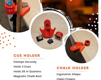 Könnte beinhalten: Ein rotes Q-Caddy Deluxe Set für Billard, einschließlich eines Queuehalters und eines Kreidehalters. Der Queuehalter klemmt sicher und hält zwei Queues, Münzen und eine magnetische Kreideablage. Der Kreidehalter hat eine ergonomische Form und einen Metallflaschenöffner.