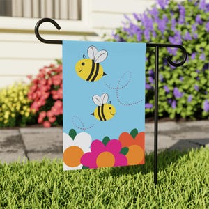 Colorful Bumble Bee Garden Flag -  fun bumble bees and summer flowers, outdoor garden decor, bee lover gift, summer yard decor