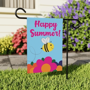 Happy Summer Bumble Bee Garden Flag -  fun bumble bees and summer flowers, outdoor garden decor, bee lover gift, summer yard decor
