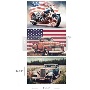 May include: Three vintage vehicles, a motorcycle, a pickup truck, and a sedan, are displayed against a backdrop of the American flag. The vehicles are all in various states of wear and tear, giving them a rustic and nostalgic feel.