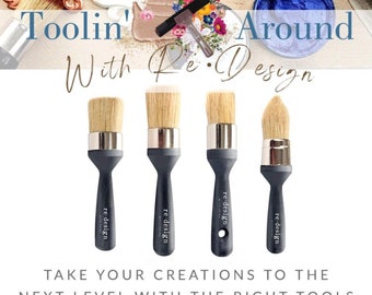 May include: Four high-quality wax brushes with dark gray handles and natural bristles are displayed. The brushes are arranged in a row, with the text "re-design" printed on each handle. The image also includes the text "Toolin' Around With Re-Design".