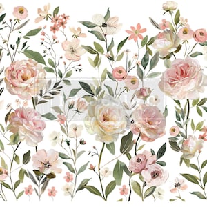 May include: A floral design featuring a variety of flowers in shades of pink, peach, and white, with green leaves and stems. The arrangement includes roses, smaller blossoms, and delicate sprigs, all set against a white background. The overall aesthetic is soft and romantic.