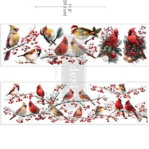 May include: A decorative transfer sheet featuring multiple illustrations of red cardinals and small birds perched on snowy branches with red berries. The sheet measures 11.5 inches by 3.25 inches and includes birds wearing small Santa hats.