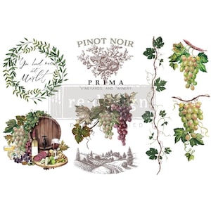 May include: A set of six vintage-style wine-themed illustrations. The illustrations include a wreath with the text "You had me at Merlot", a vineyard landscape, a bunch of grapes, a wine barrel with grapes and cheese, a vine with grapes, and a logo with the text "Pinot Noir Prima Vineyards and Winery".