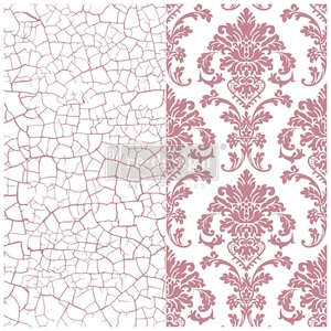 May include: A stencil with two designs: a cracked paint effect on the left and a damask pattern on the right. Both designs are in a light pink color.