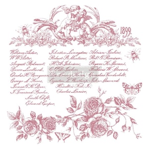 May include: A vintage-style image with a pink floral design and a list of names in cursive script. The image includes two cherubs holding a banner with the year 1899. The floral design features roses, leaves, and butterflies.