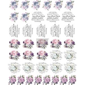 May include: A sheet of floral transfer decals featuring various flower arrangements in shades of purple, pink, and white. Some decals include French text, such as "CUIR NOIR" and "SPECIALITE".
