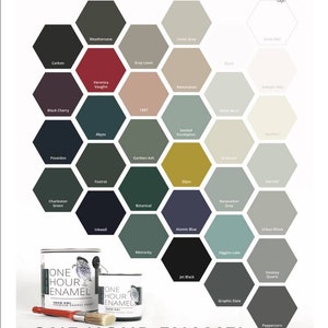 Puede incluir: Una carta de colores de pintura One Hour Enamel de Wise Owl Paint. La carta presenta 24 colores de pintura dispuestos en forma de panal. Los colores van del negro profundo al gris claro. La carta tambi&eacute;n incluye el logotipo de Wise Owl Paint y el texto "One Hour Enamel" y "Enamel Finish That Is Tougher Than Trigonometry!"