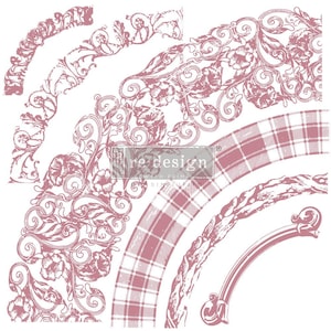 May include: A pink and white plaid pattern with a decorative floral design. The design features intricate swirls and flourishes. The image includes the text "re-design with printable  simulated"