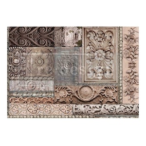 May include: A collage of ornate, carved stone designs in shades of brown, beige, and gray. The designs feature intricate floral patterns and geometric shapes.