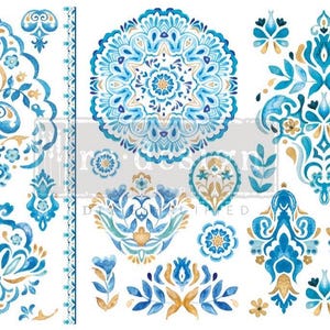 May include: A collection of blue and gold watercolor floral designs. The designs include a mandala, floral medallions, and various ornamental elements. The color palette consists of shades of blue and gold, with white space in the background.
