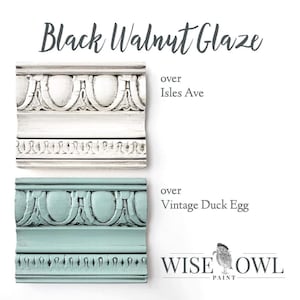 May include: Two samples of wood painted with Wise Owl Paint's Black Walnut Glaze over Isles Ave and Vintage Duck Egg paint colors. The text "Wise Owl Paint" is visible below the samples.