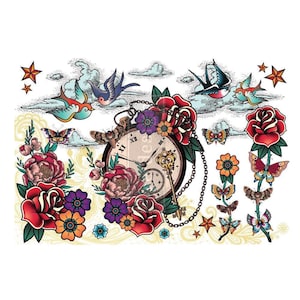 Puede incluir: Un reloj de bolsillo vintage con números romanos y una llave, rodeado de flores coloridas, mariposas y pájaros. El reloj está sobre un fondo blanco con nubes y estrellas.