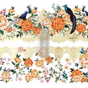 May include: A digital paper featuring a floral design with orange and white flowers, green leaves, and blue and green birds. The design is framed by a gold lace border.