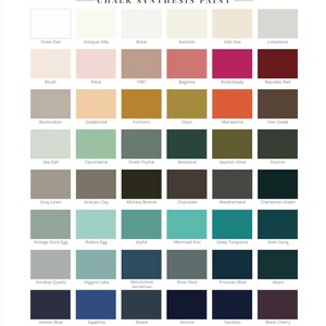 Puede incluir: Una carta de colores que muestra 36 colores de pintura diferentes de Wise Owl Chalk Synthesis Paint. Los colores est&aacute;n dispuestos en filas y columnas, con los nombres de cada color enumerados debajo de cada muestra.