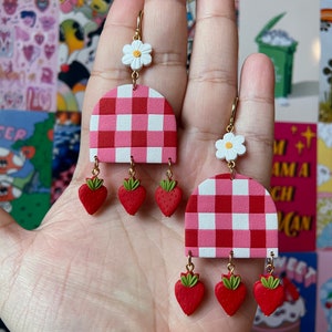 Strawberry gingham clay arch earrings
