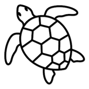 Puede incluir: Ilustración en blanco y negro de una tortuga marina. El caparazón de la tortuga está segmentado en formas geométricas. El contorno de la tortuga es grueso y audaz, con la cabeza, las aletas y la cola claramente definidas sobre fondo blanco.