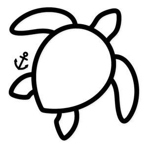 May include: A black and white line art illustration of a sea turtle viewed from above. The turtle has a simple, rounded shell and four flippers. To the left of the turtle's shell, there is a small, black anchor icon depicted in a simple line style.