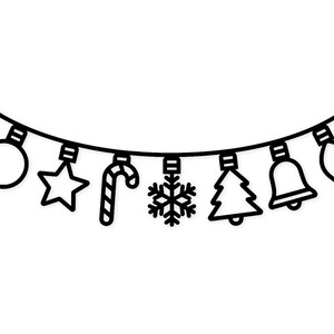 May include: Black and white line art of a Christmas light strand. The strand features various holiday-themed ornaments, including a star, candy cane, snowflake, Christmas tree, and bell. The lights are in the shape of a bulb and a teardrop.
