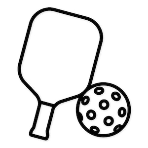 May include: A black and white line drawing of a pickleball paddle and ball. The paddle is a solid shape with a handle, and the ball is round with evenly spaced holes. The image is on a white background.