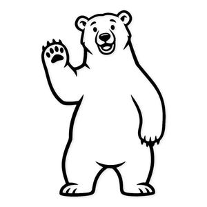 Może przedstawiać: Czarno-biała ilustracja kreskówkowa przedstawiająca machającego niedźwiedzia polarnego. Niedźwiedź stoi wyprostowany z podniesioną prawą łapą w geście powitania. Niedźwiedź ma przyjazny wyraz twarzy z uśmiechniętą buzią.