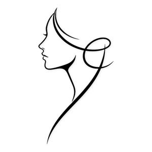 May include: A minimalist black and white line art illustration of a woman's profile. The artwork features a delicate depiction of a woman's face, neck, and flowing hair, with a graceful, elongated design.