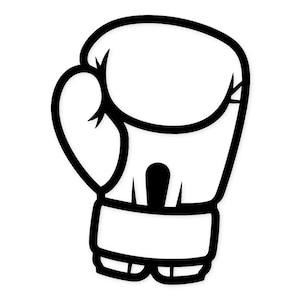 Può includere: Illustrazione in bianco e nero di un guantone da boxe. Il guantone è bianco con contorni neri, con dettagli come il pollice, le separazioni delle dita e il supporto per il polso. Il design è semplice e audace, adatto a prodotti a tema sportivo.