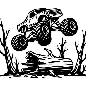 Puede incluir: Ilustración en blanco y negro de un monster truck saltando sobre un tronco. El camión tiene neumáticos grandes y está en el aire. Ramas de árboles desnudas enmarcan la escena, creando una imagen dinámica y llena de acción.