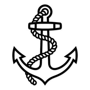 Peut inclure: Illustration d'une ancre nautique en noir et blanc. L'ancre présente un design classique avec une corde enroulée autour de la tige centrale. Les bras de l'ancre sont pointus et la crosse est horizontale.