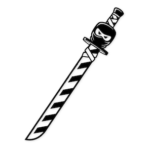May include: A monochrome illustration of a ninja sword. The sword has a ninja head on the hilt and a blade with alternating black and white stripes. The design is graphic and simple, set against a white background.