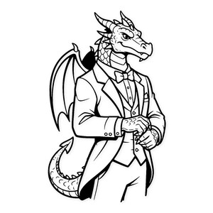 May include: A black and white illustration of a dragon wearing a tuxedo, complete with a bow tie and vest. The dragon has wings and a long tail, and is depicted in a formal pose.