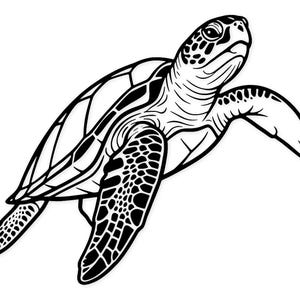 May include: A black and white illustration of a sea turtle. The image shows the turtle in a swimming position, with its flippers outstretched. The design emphasizes the turtle's shell pattern and facial details, created with fine lines.