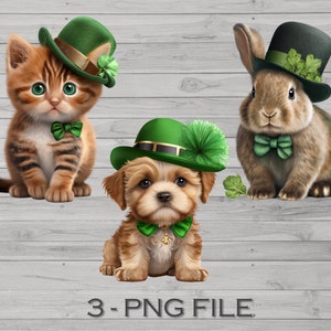 st patricks day cute dog, cat and bunny rabbit with green clothes three 3 animal bundle