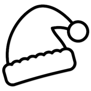 Può includere: Illustrazione in bianco e nero di un cappello di Babbo Natale. Il cappello ha una parte superiore curva, un bordo bianco e una piccola palla. Il design è semplice e grafico, perfetto per i prodotti natalizi.