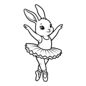 Può includere: Illustrazione in bianco e nero di un coniglio ballerino. Il coniglio indossa un body e un tutù, con le braccia alzate. Indossa scarpe da ballo ed è in posa da danza.