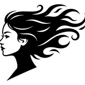 May include: A black and white graphic illustration of a woman's profile. Her hair is flowing, with stylized curls and waves. The image is a simple, elegant design, suitable for various applications.
