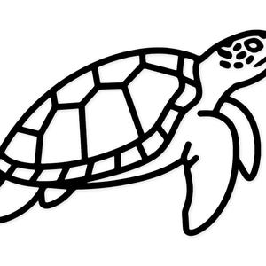 May include: Black and white line art illustration of a sea turtle. The turtle's shell is segmented with geometric shapes. The head and flippers are visible, with the turtle facing to the right.