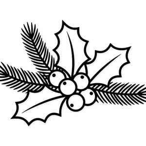 Könnte beinhalten: Schwarz-Weiß-Illustration eines Stechpalmenzweigs mit Beeren und Tannennadeln. Die Stechpalmenblätter haben eine klassische Form, und die Beeren sind rund. Die Tannennadeln verleihen dem Design Textur.