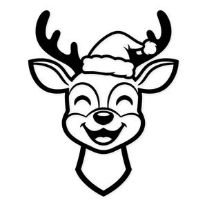 May include: A black and white cartoon illustration of a reindeer wearing a Santa hat. The reindeer has large antlers, a smiling face, and is outlined in black. The Santa hat has a white brim and a red pom-pom.