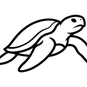 May include: A black and white line drawing of a sea turtle in a swimming pose. The turtle's body is outlined in thick black lines, with a white interior. The turtle's head is visible, with a small eye and a slightly downturned mouth.