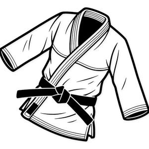Può includere: Illustrazione in bianco e nero di un'uniforme di arti marziali, un gi bianco con una cintura nera legata in vita. Il gi presenta bordi e dettagli neri, con maniche e colletto ben definiti.