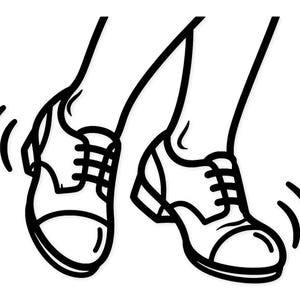 Puede incluir: Ilustración en blanco y negro de dos pies con zapatos de vestir. Los zapatos están en movimiento, con líneas curvas que indican movimiento. Los zapatos tienen cordones y un diseño clásico.