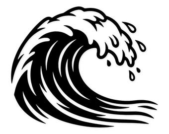 May include: A black and white graphic illustration of a stylized ocean wave. The wave is depicted with bold, curved lines and a crest of white foam, with water droplets falling from the crest. The design is simple and modern.