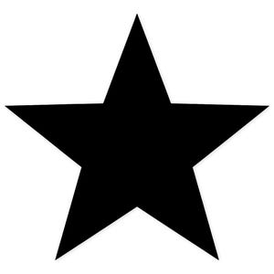 Può includere: Una stella nera a cinque punte su sfondo bianco. Le punte della stella sono affilate e ben definite, creando un design grafico audace. Questa immagine è adatta a varie applicazioni di design, tra cui adesivi, decalcomanie o elementi grafici.
