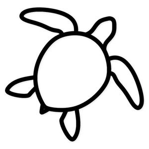 Könnte beinhalten: Eine Schwarz-Weiß-Strichzeichnung einer Meeresschildkröte. Der Körper der Schildkröte ist ein großes weißes Oval, das mit dicken schwarzen Linien umrandet ist. Vier Flossen und ein Kopf erstrecken sich vom Körper, ebenfalls schwarz umrandet.